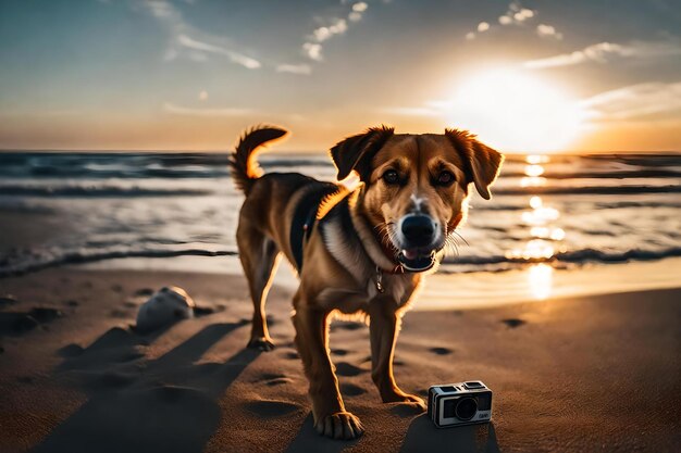 Een hond ligt op het strand met een camera en een camera in zijn bek.