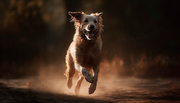 Een hond loopt in de zon met het woord hond op de voorkant