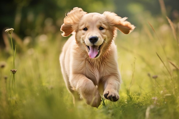 een hond loopt in het gras met zijn tong eruit