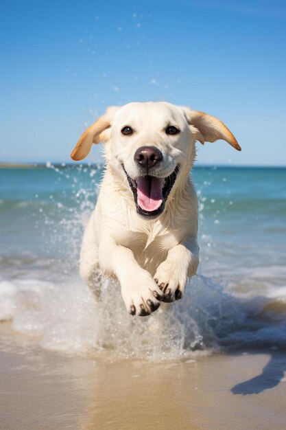 Een hond loopt in het water.