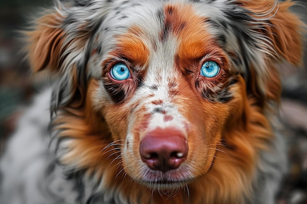 Een hond met blauwe ogen kijkt naar de camera.