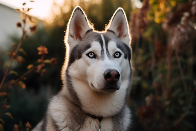 Een hond met blauwe ogen zit in een veld met bomen.