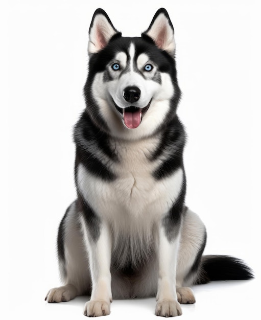 Een hond met blauwe ogen zit op een witte achtergrond.