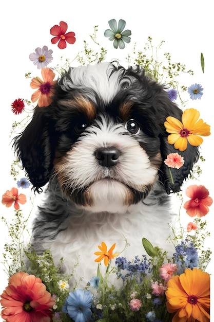 Een hond met bloemen erop