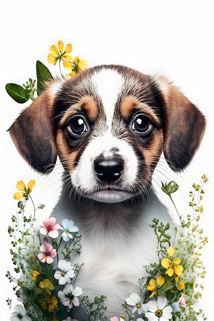 Een hond met bloemen erop