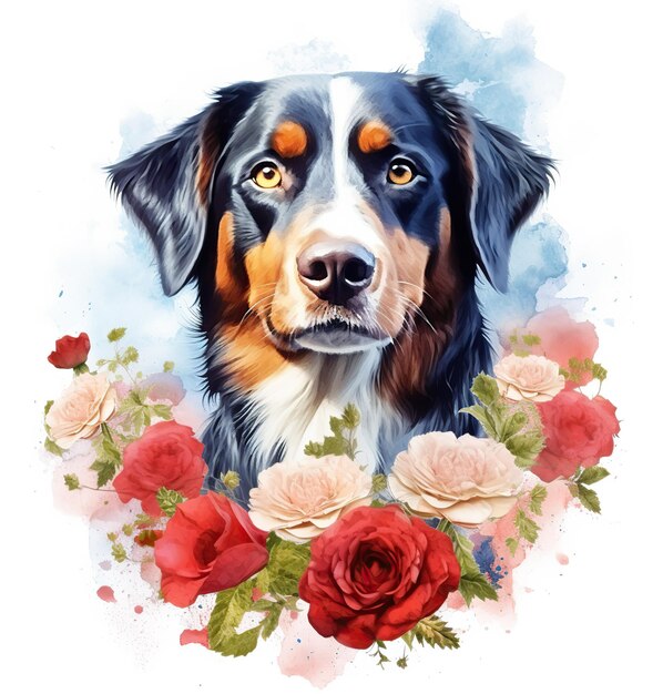 Een hond met bloemen erop