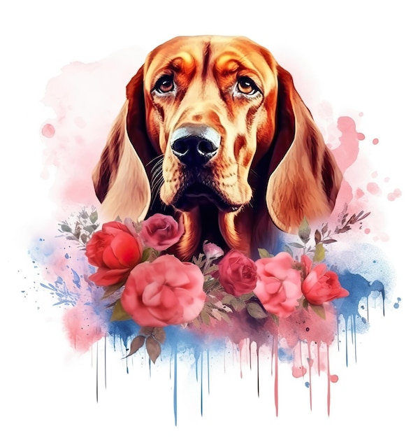 Een hond met bloemen erop