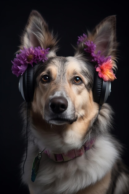 Een hond met bloemen op zijn hoofd