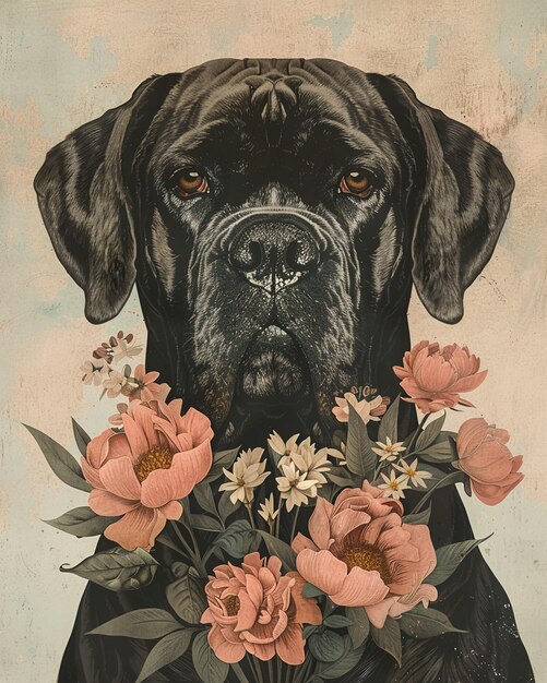 een hond met bloemen voor hem die zegt hond