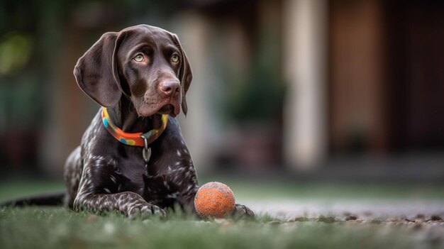 Een hond met een bal in zijn bek