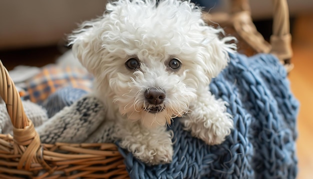 een hond met een blauwe deken die poedel zegt