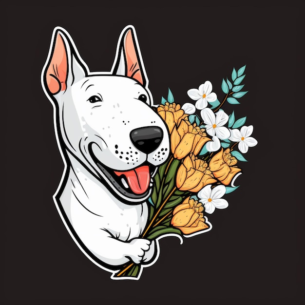 Een hond met een bos bloemen in zijn bek.