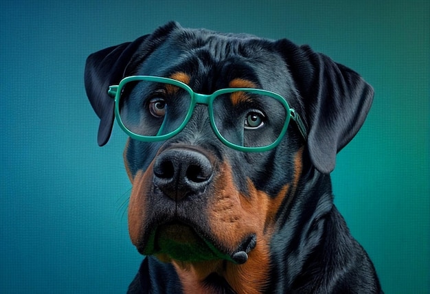 Een hond met een bril die rottweiler zegt