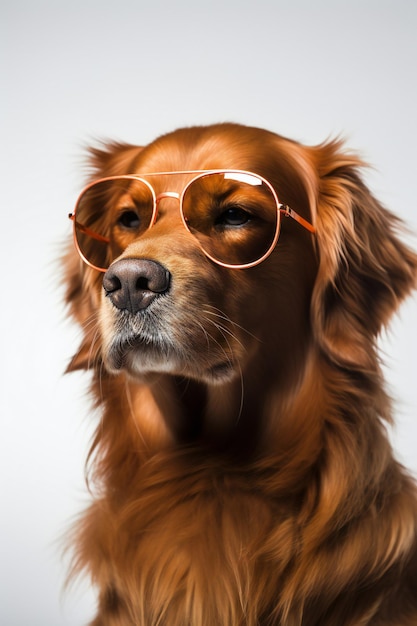 Een hond met een bril waarop golden retriever staat.