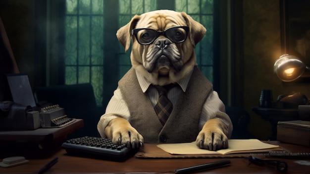 Foto een hond met een bril zit aan een bureau met een computer