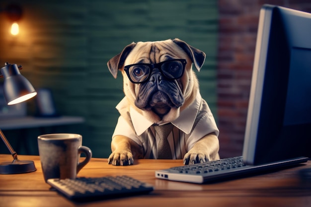 Een hond met een bril zit aan een bureau met een computer