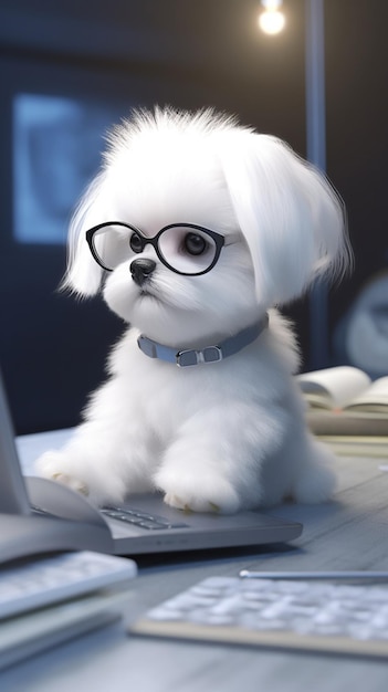 Een hond met een bril zit op een bureau voor een laptopcomputer