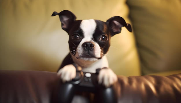 Een hond met een controller aan zijn poot