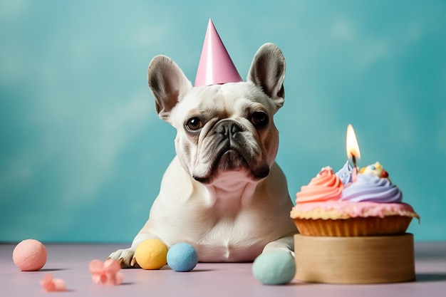 Een hond met een cupcake en een verjaardagsmuts