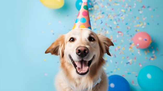 Een hond met een feestmuts op met confetti op de achtergrond