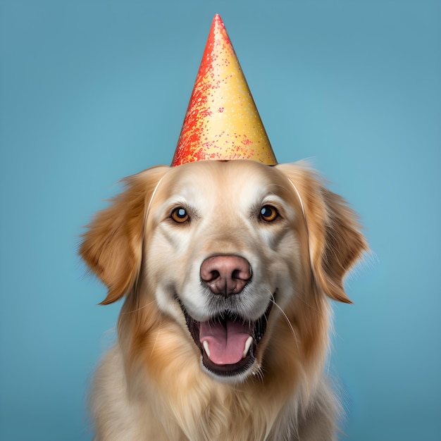 Een hond met een feestmuts op