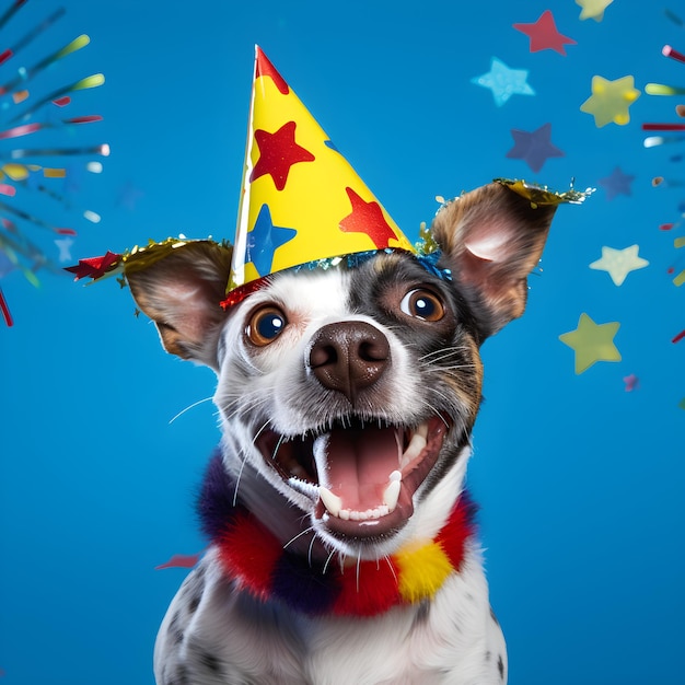 Een hond met een feestmuts waarop gelukkige verjaardag staat