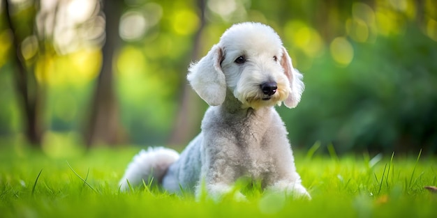 een hond met een floppy oor zit in het gras
