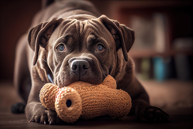 Een hond met een gebreid speeltje in zijn bek