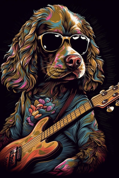 Een hond met een gitaar, een zonnebril op en een shirt met de tekst 'bass' erop