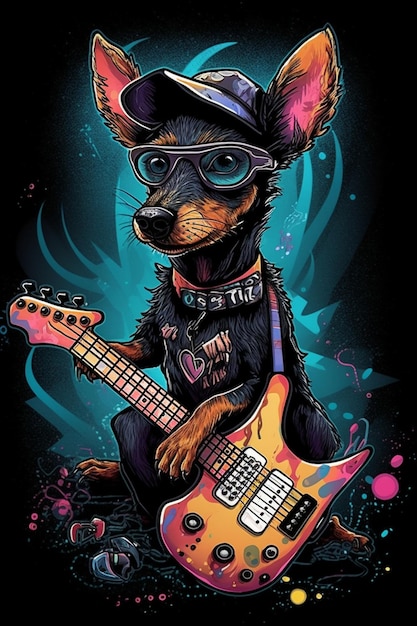 Een hond met een gitaar en een pet waarop staat: 'Ik hou van honden'