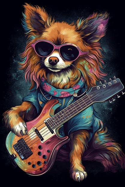 Een hond met een gitaar en een zonnebril