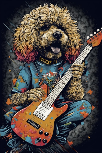 Een hond met een gitaar zit voor een donkere achtergrond.