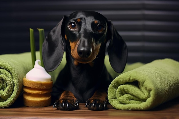 Foto een hond met een groene handdoek en een cupcake met een groen handdoek erop