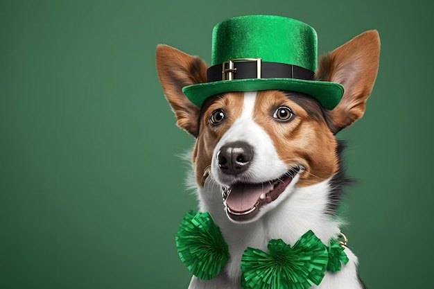 Een hond met een groene hoed en een groene vlinderdas met het woord st patricks day erop.
