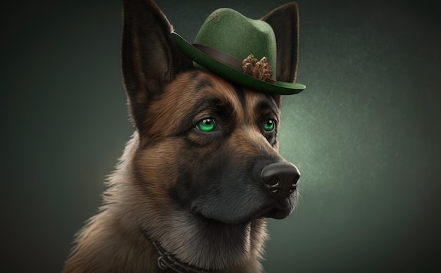 Een hond met een groene hoed en een kabouterhoed met een klavertje erop. ai gegenereerd