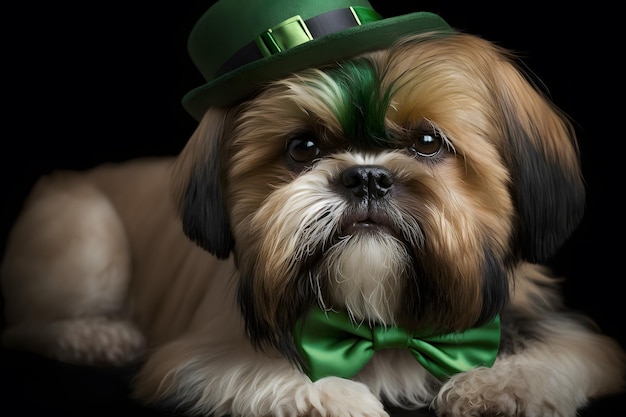 Een hond met een groene vlinderdas en een groene hoed
