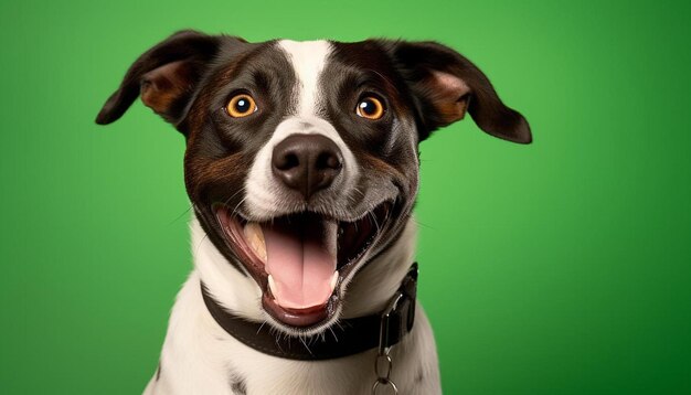 Foto een hond met een halsband die zegt dat de hond glimlacht