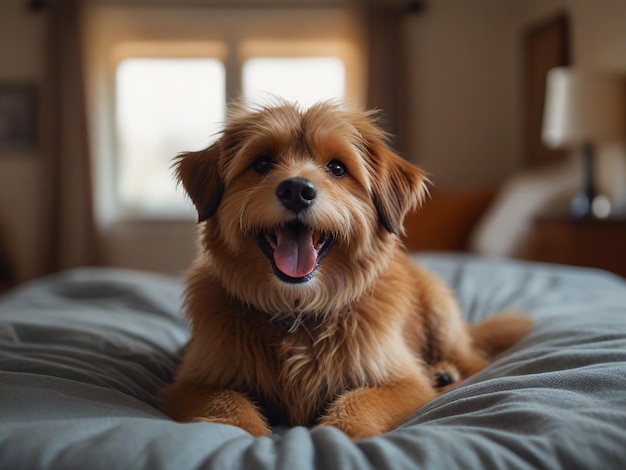 een hond met een halsband die zegt gelukkig op het bed