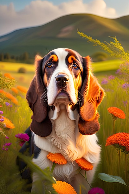 een hond met een halsband om zijn nek staat in een veld met bloemen.