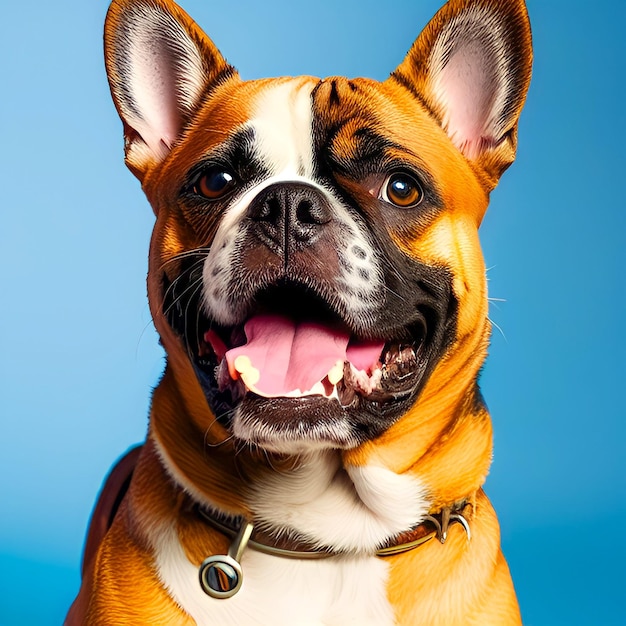 Een hond met een halsband waarop staat "ik ben een franse bulldog".