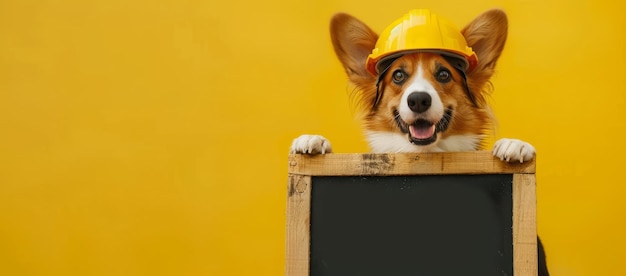 Foto een hond met een harde hoed en een gele harde hoed