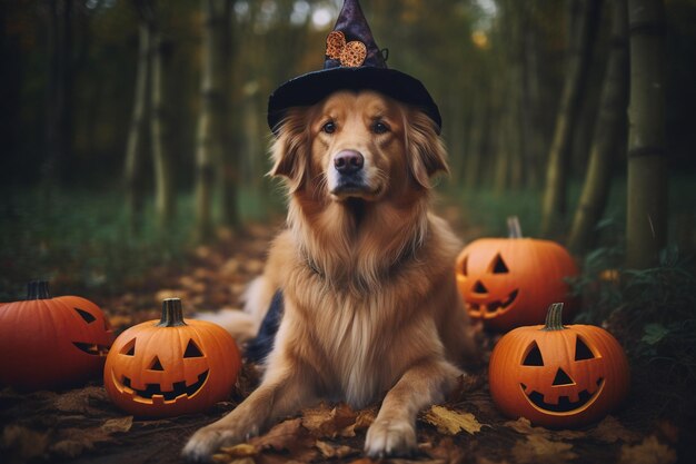 Een hond met een heksenhoed zit in een bos met pompoenen en bladeren.