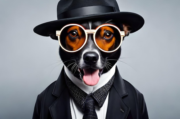 Een hond met een hoed en een zonnebril met het woord hond erop.