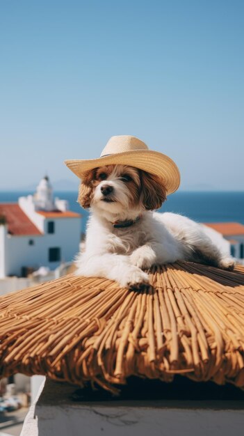 Een hond met een hoed ligt op het dak en reist op het strand.