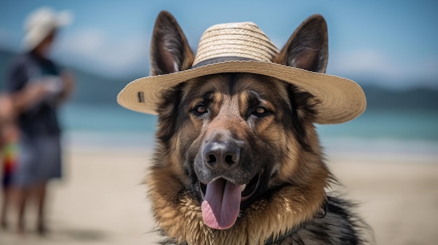 Een hond met een hoed op een strand