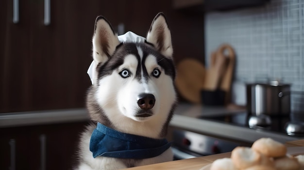 Een hond met een hoed op zit aan een tafel met een bord eten.