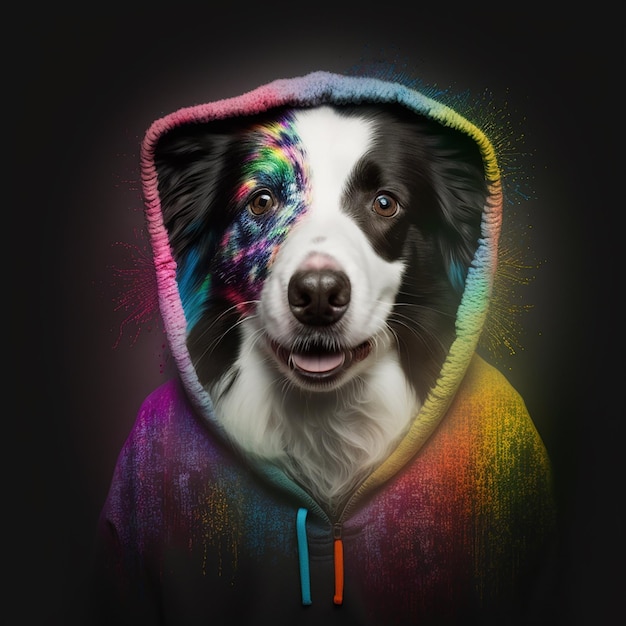 Foto een hond met een hoodie met de tekst 'regenboog' erop