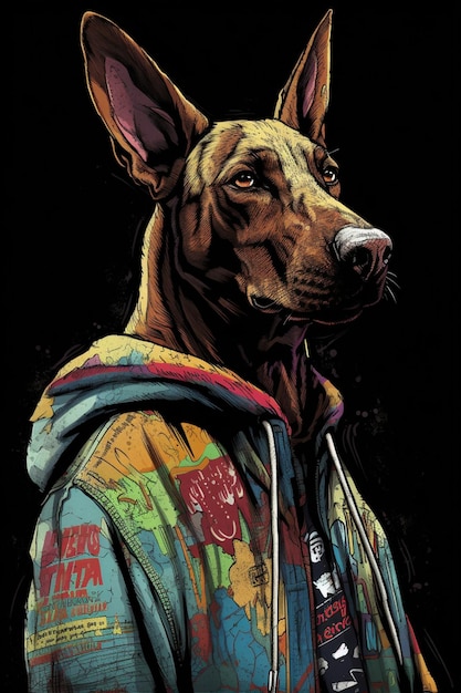 Een hond met een hoodie waar 'doberman' op staat