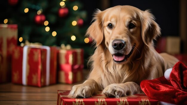 Een hond met een kerstmuts die naast een ingepakt cadeautje zit