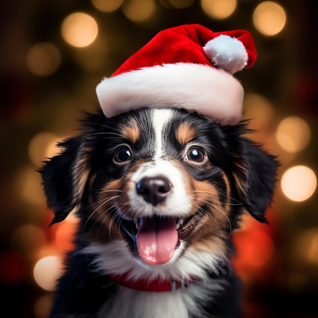 Een hond met een kerstmuts op
